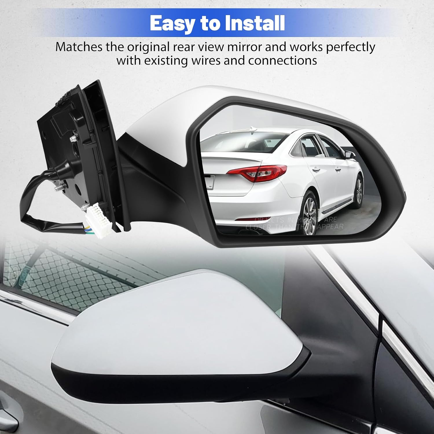 Right Passenger Side Mirror Compatible With Hyundai Sonata 2015 2016 2017 2018 2019, W/Power Glass/Heated/Manual Folding, Replace HY1321203,87620-C2000 White, 5Pins