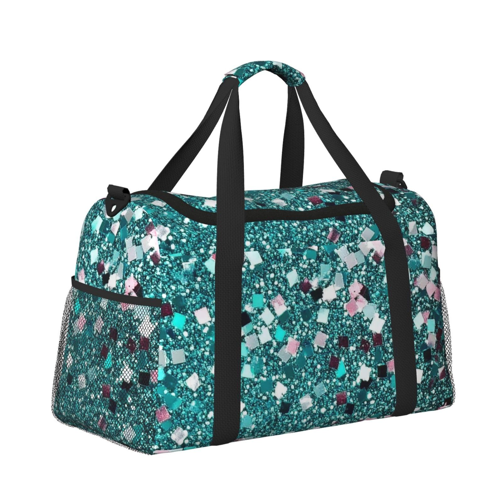 Teal Glitter Duffle Bag Foldable Travel Tote Bag Carry On Large Weekender Overnight Bags Waterproof Gym Bag For