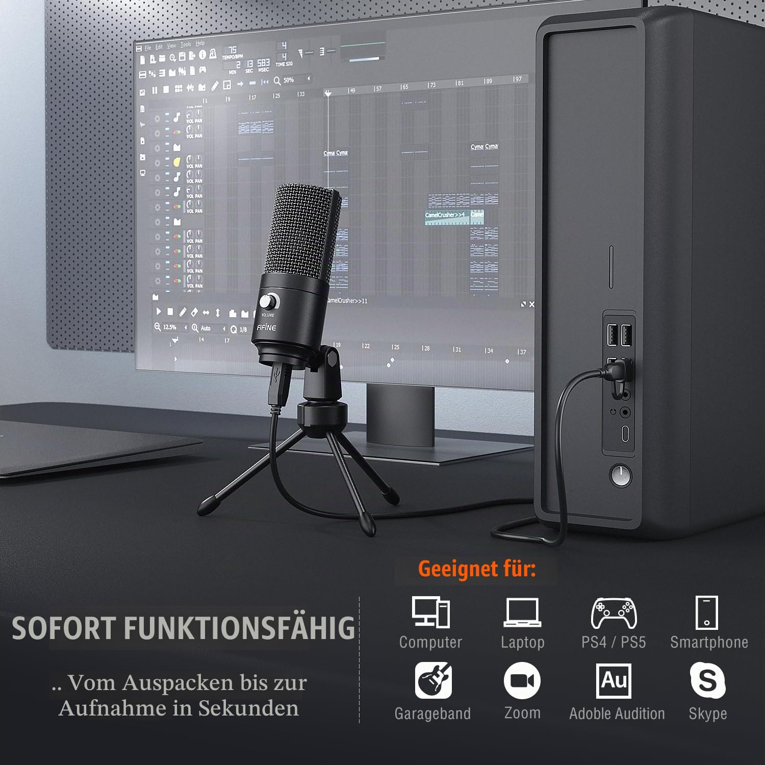 Fifine USB-Podcast-Kondensatormikrofon für Laptop, Keine Soundkarten-Schnittstelle und Phantomspeisung erforderlich. (K669)