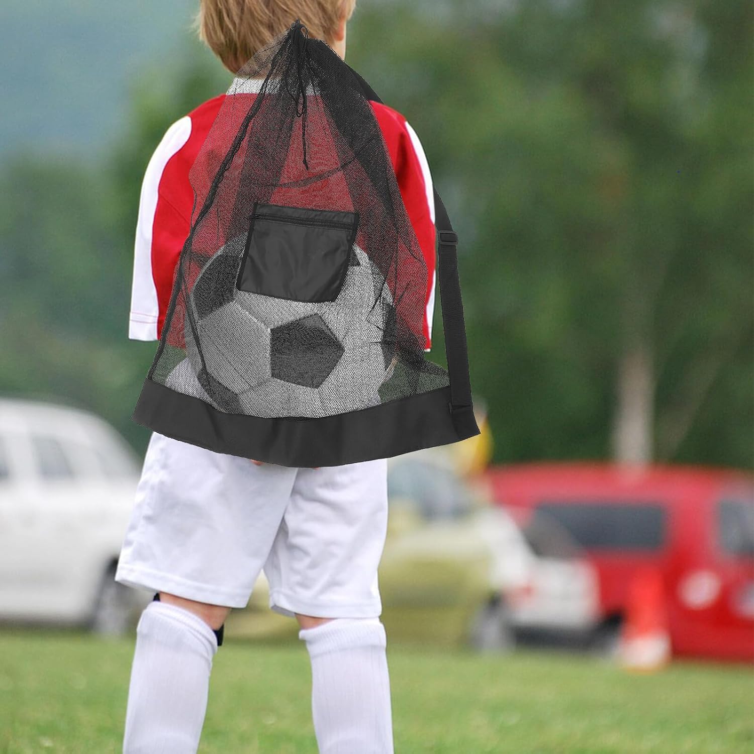 FAVOMOTO Large Mesh Basketball Bag with Drawstring Closure and Adjustable Shoulder Strap, Sports Ball Carrier for Basketball, Soccer, Volleyball Training Equipment Organizer