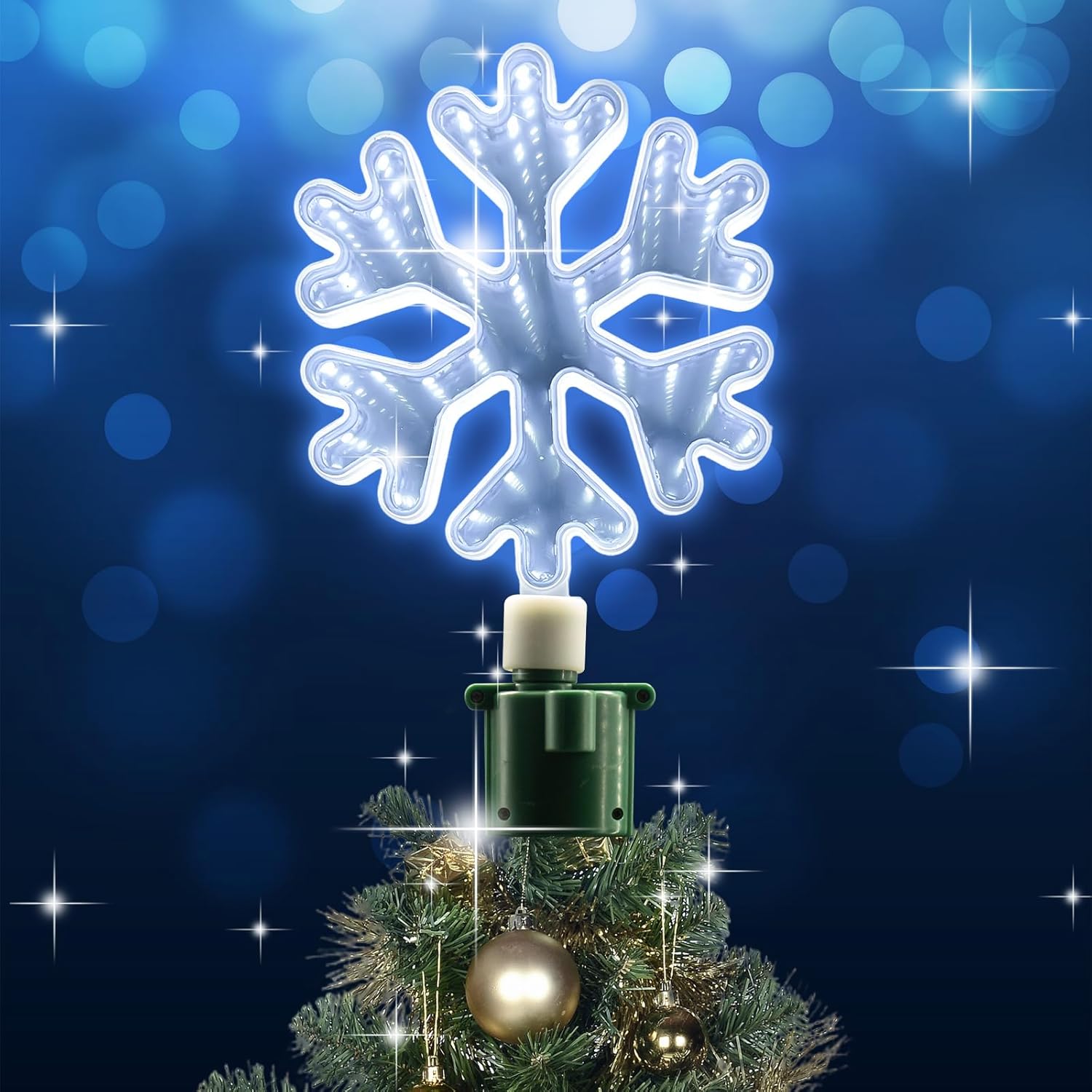 Christmas Tree Topper Lighted with White LED Lights, 360° Rotating Snowflake Tree Topper Ornament with Clip, Infinity Mirror Tree Topper Snowflake for Xmas Party Holiday Christmas Decorations