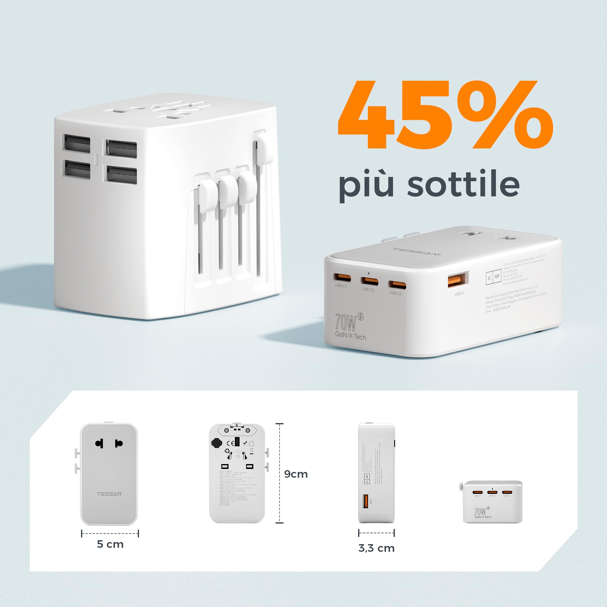 Adattatore Universale Da Viaggio TESSAN Con 3 USB-C E 2 USB-A – Caricatore 15W, Compatibile Con USA, UK, EU, AU, E Molti Altri Paesi