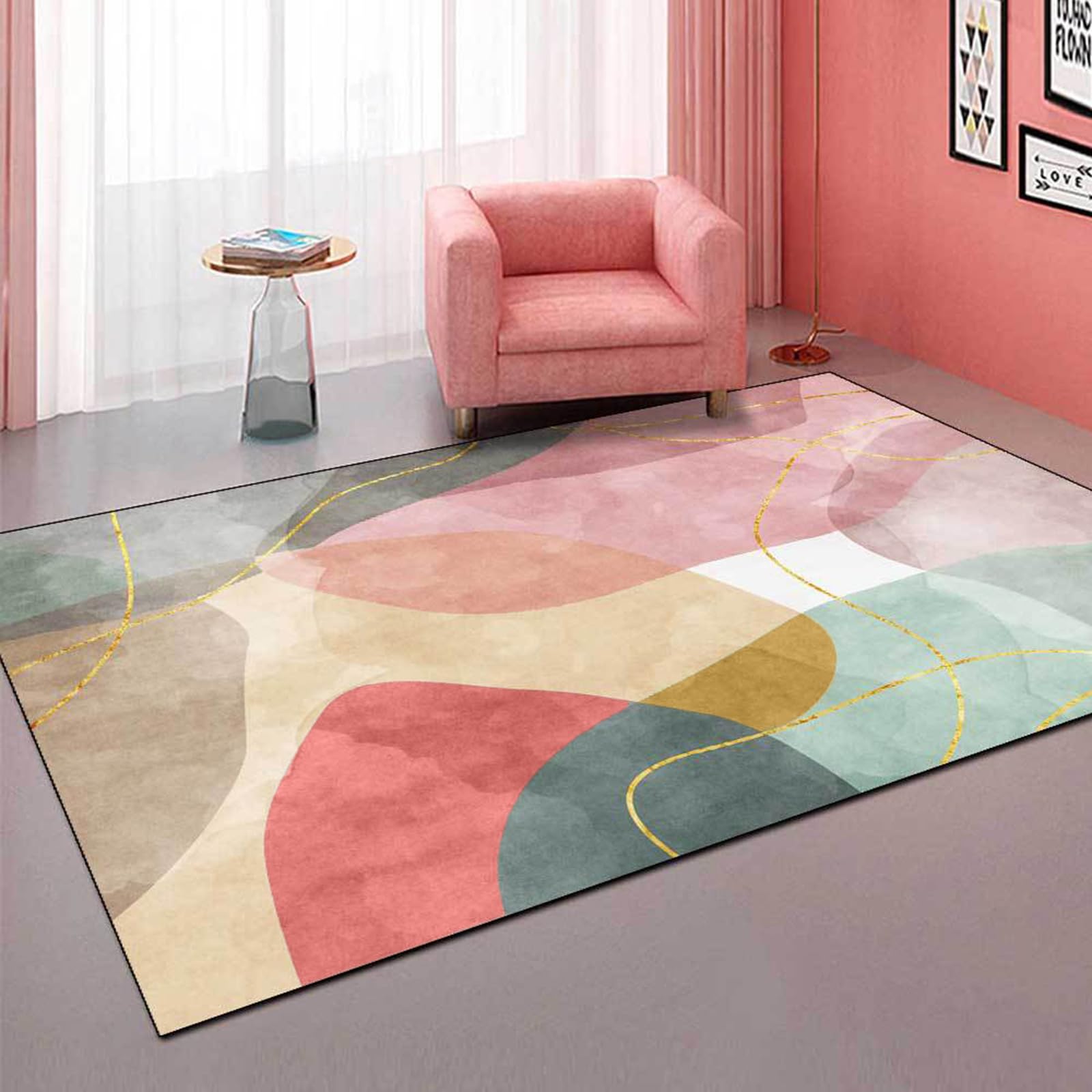 Tapis de décoration,Multicoloured,140 x 200 cm,Corail brûlé Rouge Rose, Rose Clair, Vert Jaune Moutarde, Tapis de Salon Chambre Doux Poil Court Moderne Facile à Nettoyer