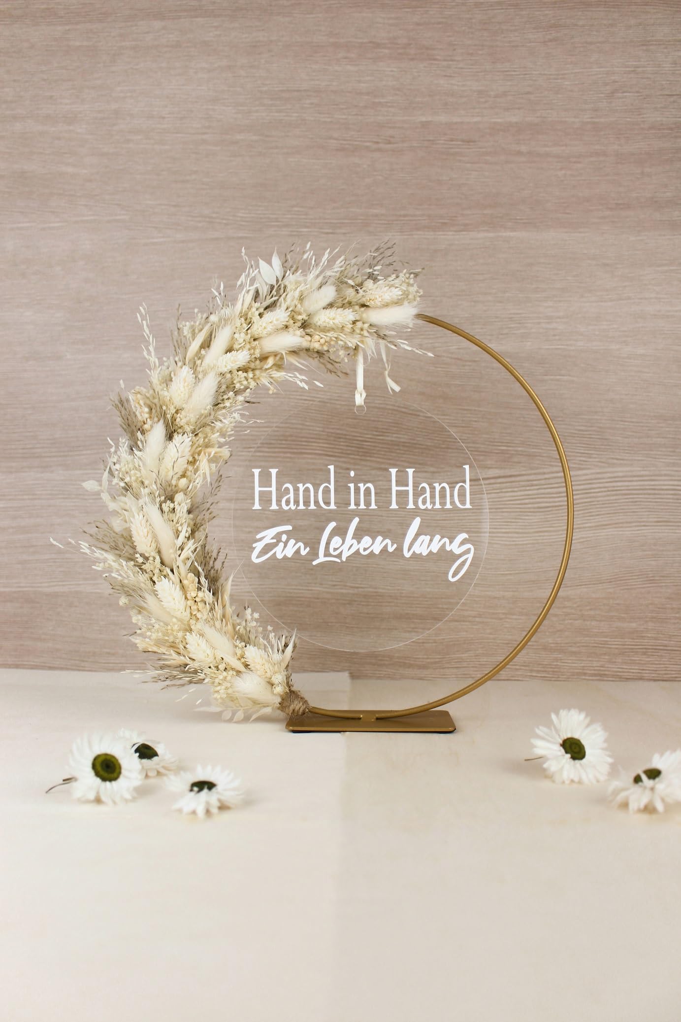 stehender Trockenblumenkranz Hochzeit Tischkranz personalisiert Boho (Acrylscheibe)