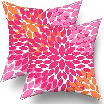 Kawani Preppy Hot Pink Orange Pillow Covers 16X16 Inches Dahlia Floral Geometric Decorative Pillowcase Set of 2 Aesthetic Square Throw Pillow Case Home Decor for Dorm College Girls Sofa Bedroom Couch