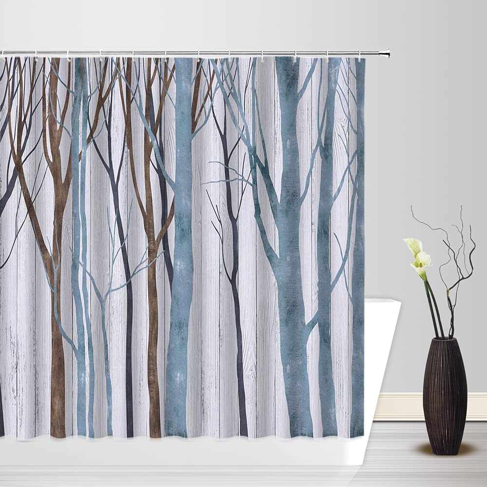 Sunhe Tree Shower Curtain Abstract Blue and Brown Birch Tree Trunk Autumn Fall Forest Branch Winter Nature Rustic Vintage Bathroom Decor Fabric Curtain with Hooks