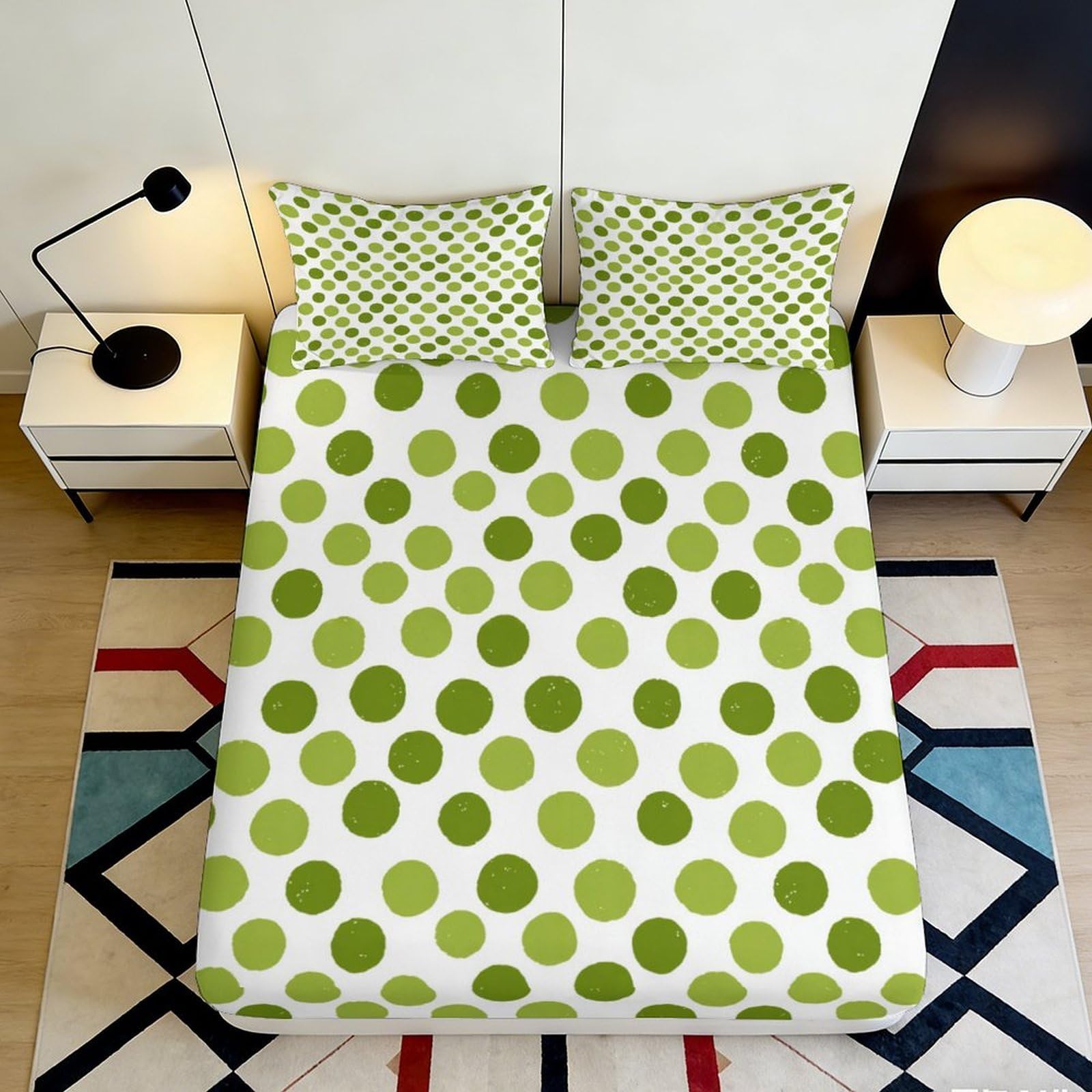 3D Printed Green Polka Dot Fitted Sheet Microfiber Non Slip Bed Cover Modern Bedroom Decor Machine Washable 90x200x25cm