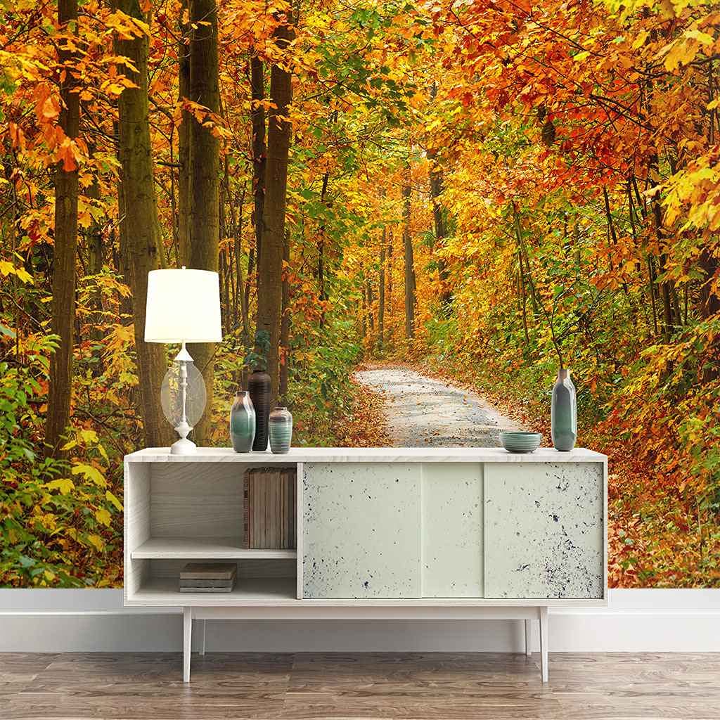 Papier peint feuillus forêt rouge pour mur de canapé TV