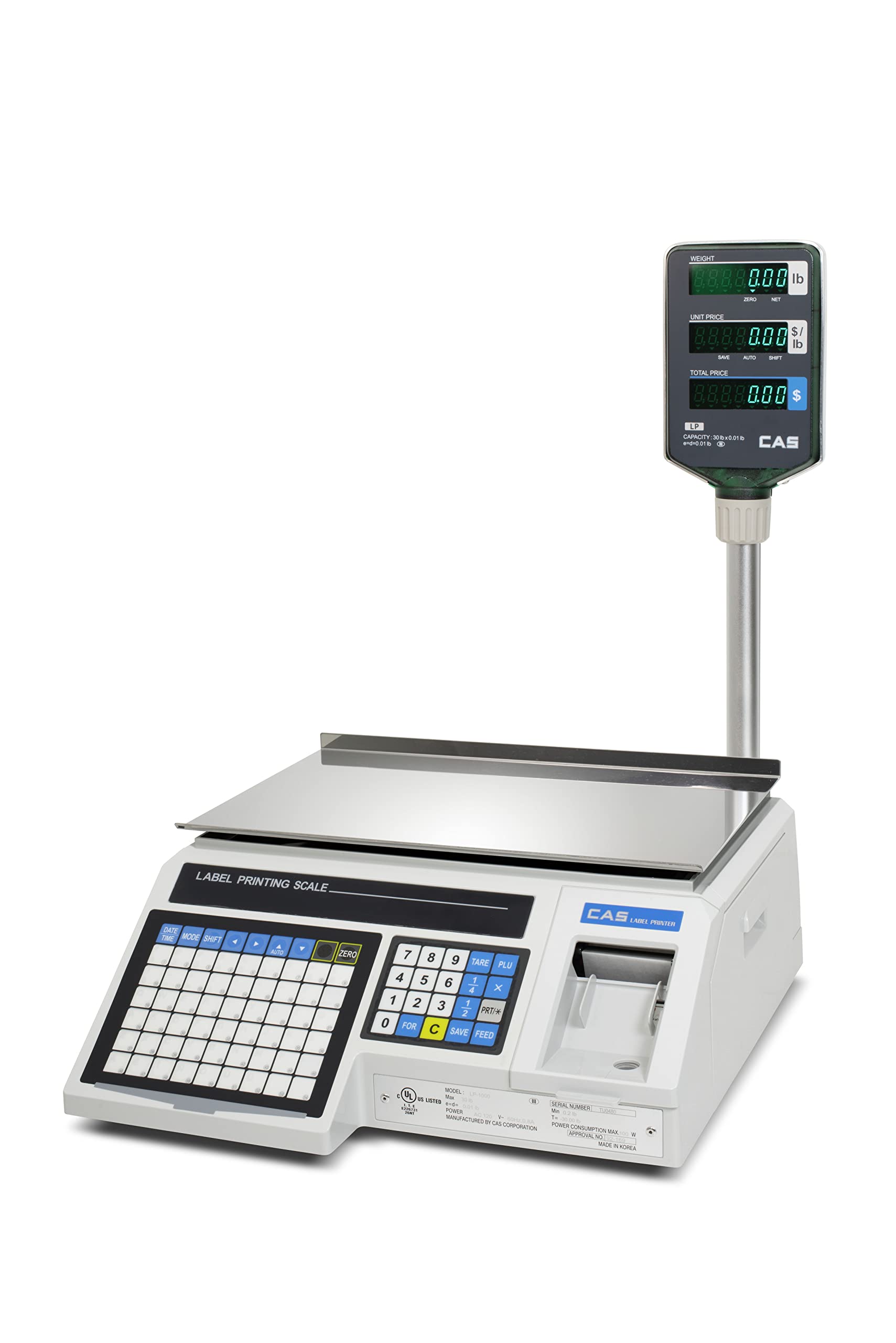 CAS LP-1000NP Scale with Label Printer and Pole - 30lb Capacity NTEP Certified Label Scale for Legal Trade - Features 54 Speed Keys and 4,000 PLU's -