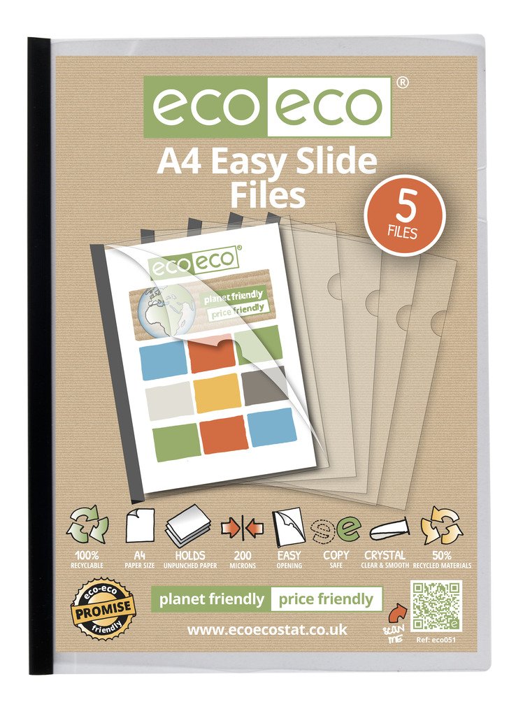 eco-eco A4 50% Recycled Pack 20 Strong Clear Easy Slide Bar Report Cover Files