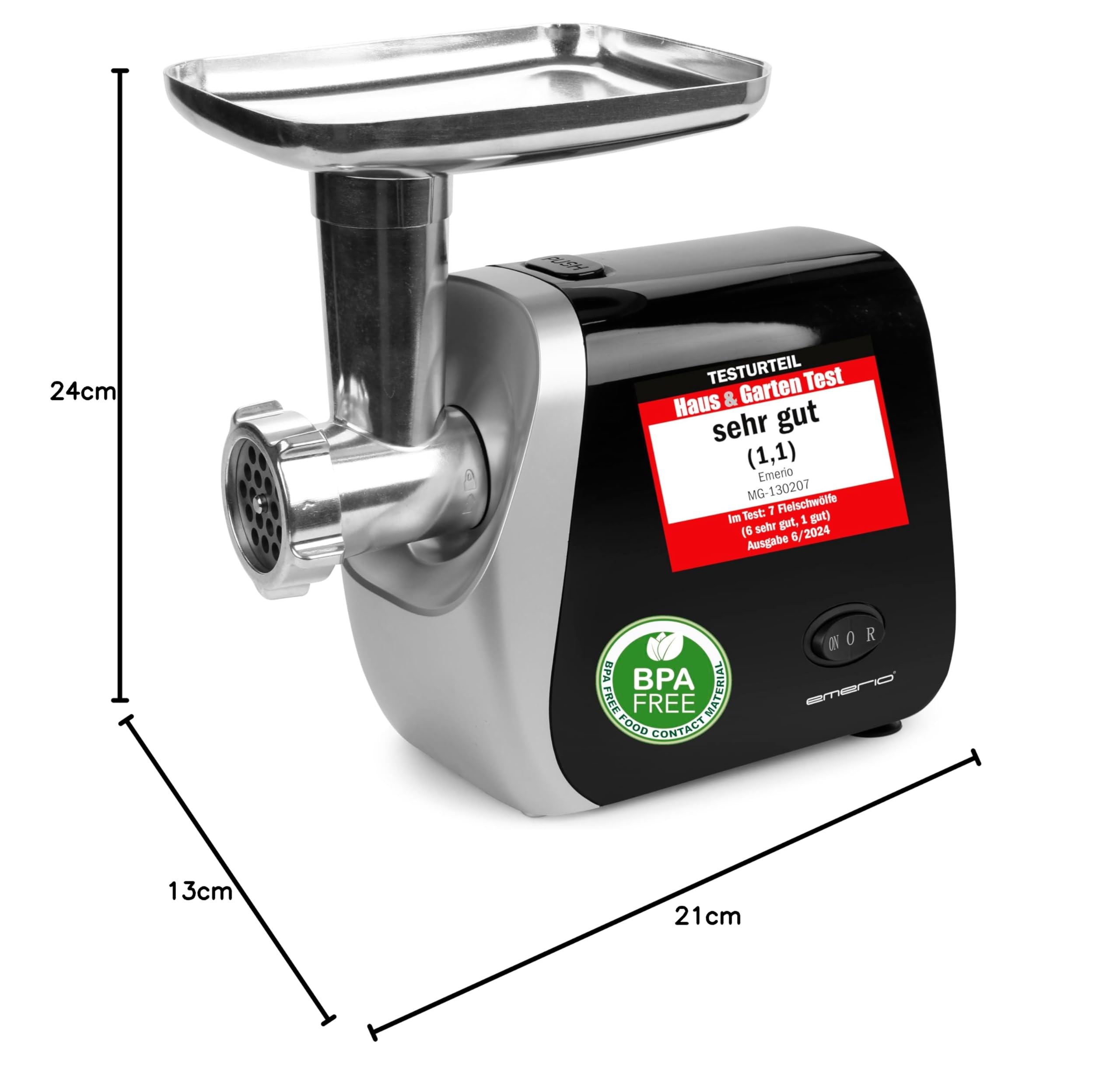 Emerio Tritacarne | elettrico | 3 inserti per carne (fine/medio/grossolana) + inserto per salsiccia + inserto per kebbe+inserto per biscotti per 4 stampi per biscotti | senza BPA | Avanti e ritorno |