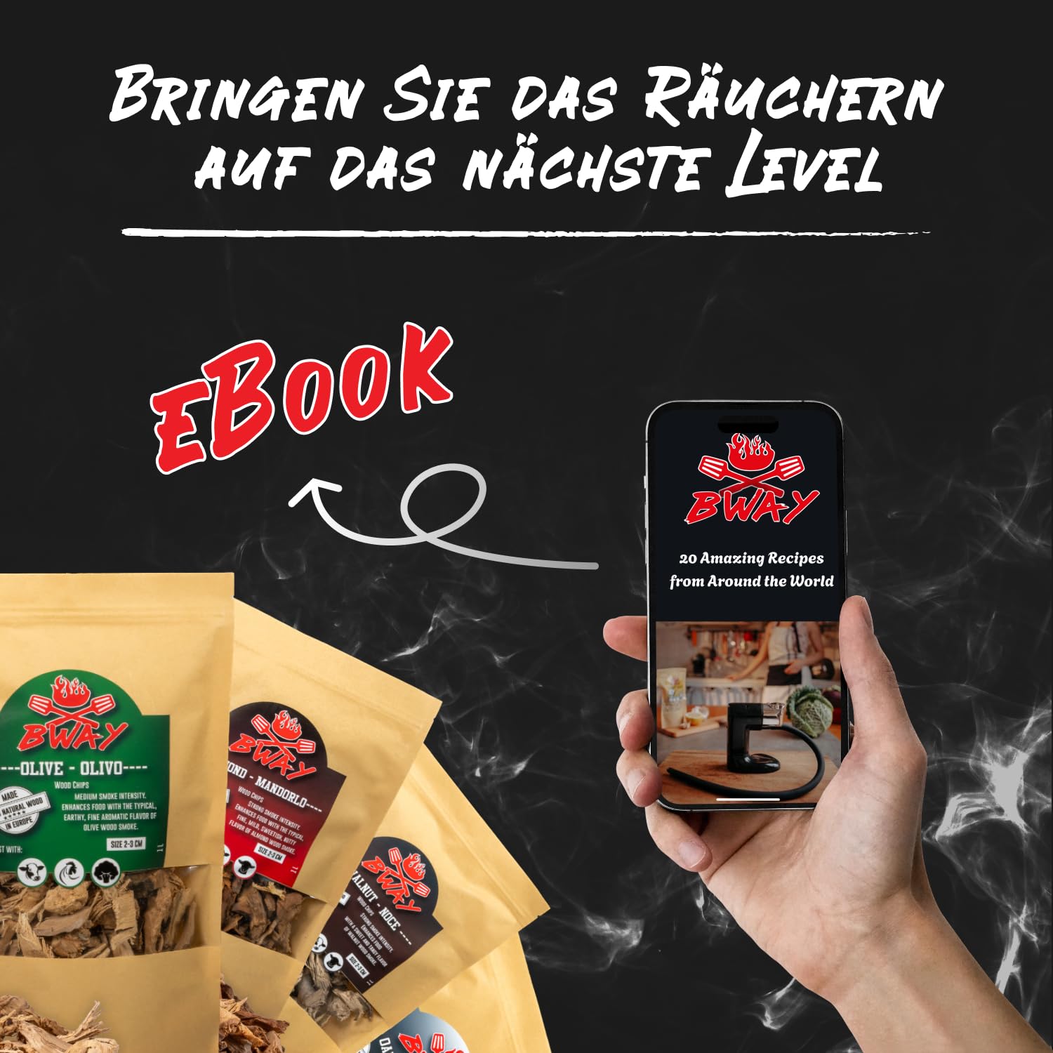 BWAY Räucherchips – BBQ-Räucherholz für Smoker Grill, Schwein, Fisch, Obst und Gemüse – Räucherbox Gasgrill mit Oliven, Orangen, Mandel, Zitronen, Nuss und Eichenaroma 6×1 L