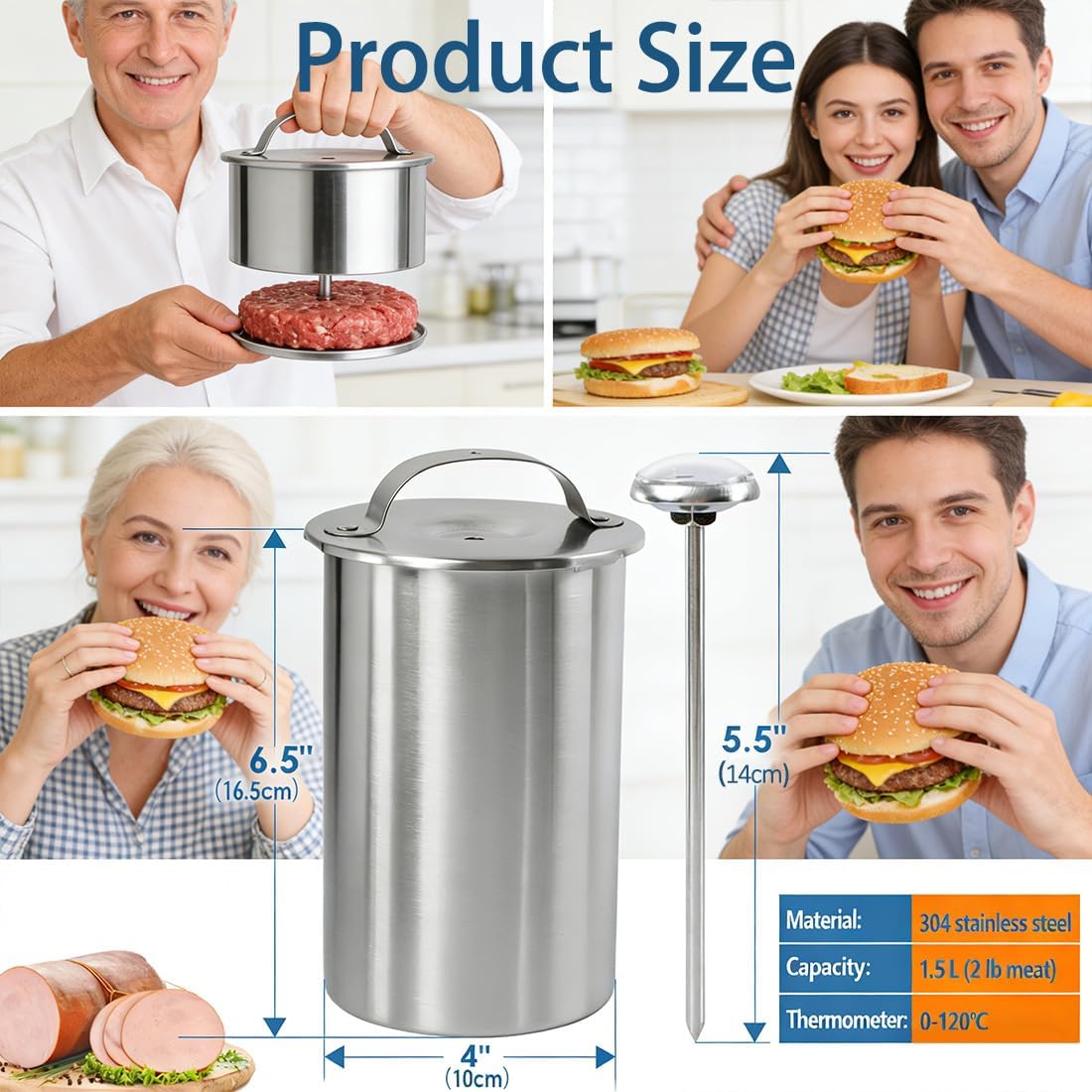 Deli Meat Press Stainless Steel, 1.5L Sturdy Meat Press Mold for Deli Meats with Thermometer & Spring Mechanism, Ham Press Mold, Lunch Meat Press for Homemade Healthy Deli Meats Sandwiches (1)