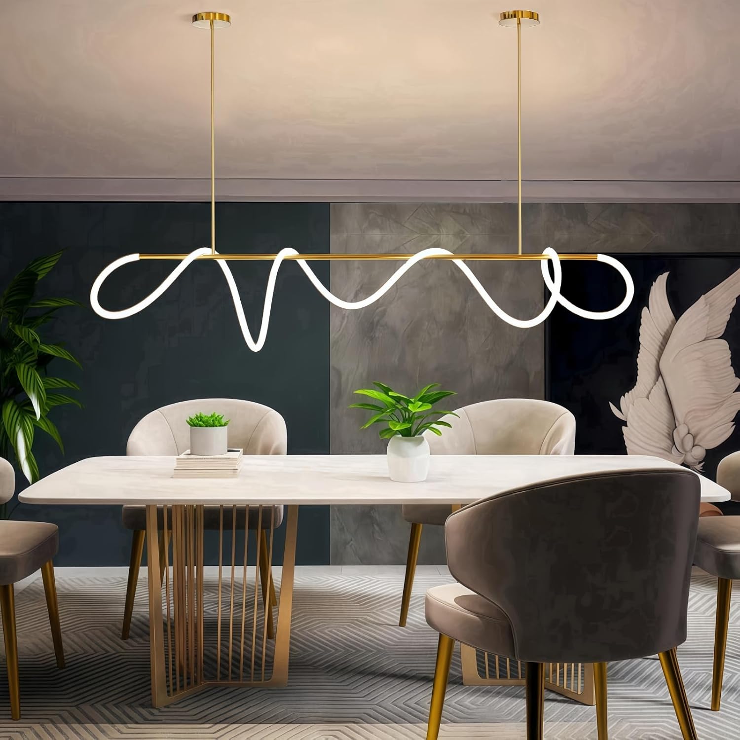 59.06" 1-Light Linear Pendant Light,LED Dimmable Linear Chandelier with Memory Function,Height-Adjustable DIY Kitchen Island Lighting with Remote Control for Dining,Living Room,3000K-6500K