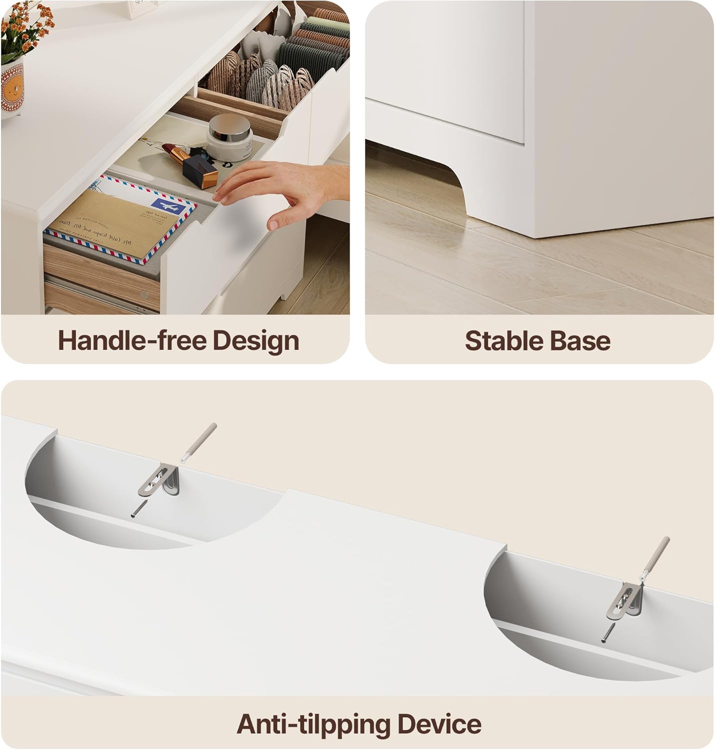 Gizoon 8 Drawer Dresser, 47" Wide White Dresser for Bedroom with Cut-Out Handles, Modern Wooden Chest of Drawers with Anti-Tip Kit, for Living Room, Hallway, Entryway, Home Office
