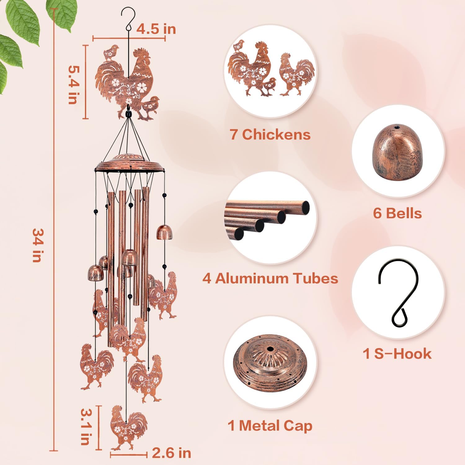 Chicken Wind Chimes for Outside,Chicken Gifts for Women Men/Memorial/Birthday/Rooster Lovers Gifts Metal windchimes Outdoors/Indoors,Garden Decor,Patio,Home,Porch,Yard Decorations