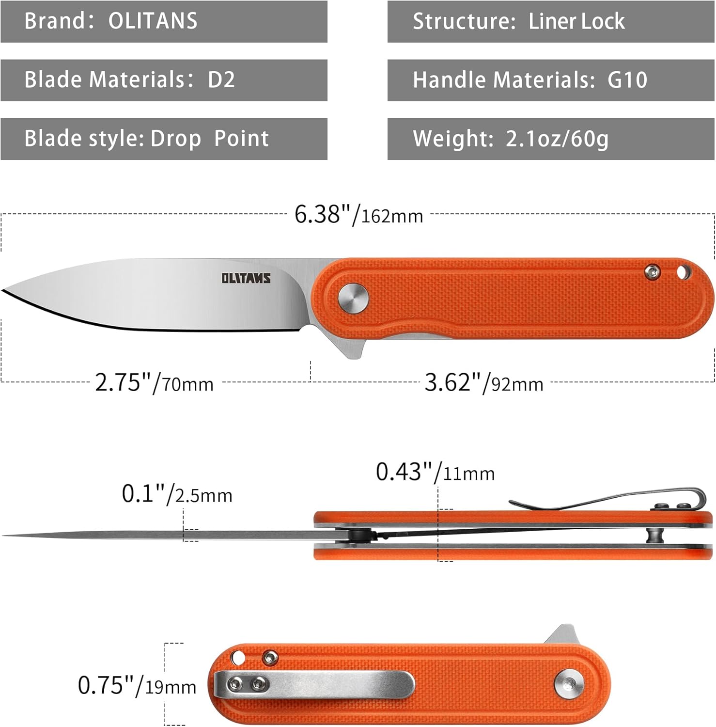 OLITANS G040 Pocket Knife, 2.75'' D2 Steel Blade G10 handle, Small EDC Knife with Pocket Clip for Men Women, 2.1oz