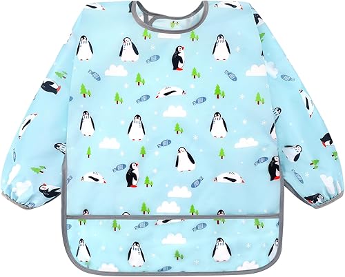 Vista 36 de Accmor 4 Pack Long Sleeve Bibs, Baby Smock Waterproof Sleeved Bib Smock for Baby Toddler 6-36 Months Dinosaurio azul/cerdo naranja/alce