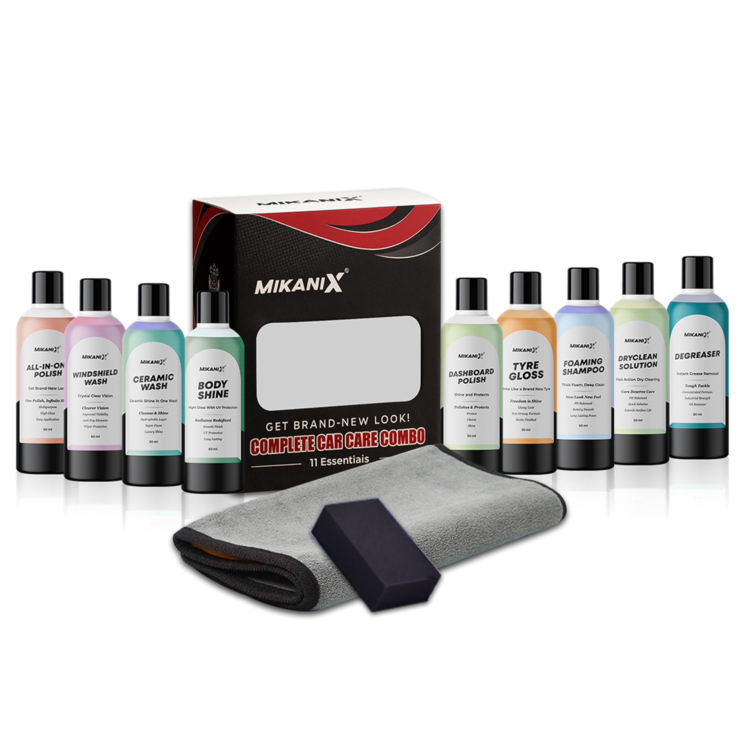 Car Care Cleaning Kit 11-in-1 Cleaning Set with Dashboard Polish, Ceramic Wash, Shampoo, Degreaser, Body Shiner, Tyre Gloss, Dryclean Solution, Windshield Wash, Microfiber Cloth & Sponge