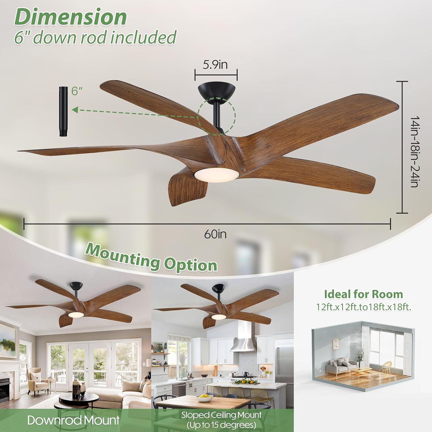 60 Inch Ceiling Fans with Lights and Remote,5 Blades Large Walnut Ceiling Fan, Outdoor Ceiling Fan with 6 Speeds,Reversible DC Motor, Timer for Living Room, Farmhouse, Patio(MBK/DK) - Image 3