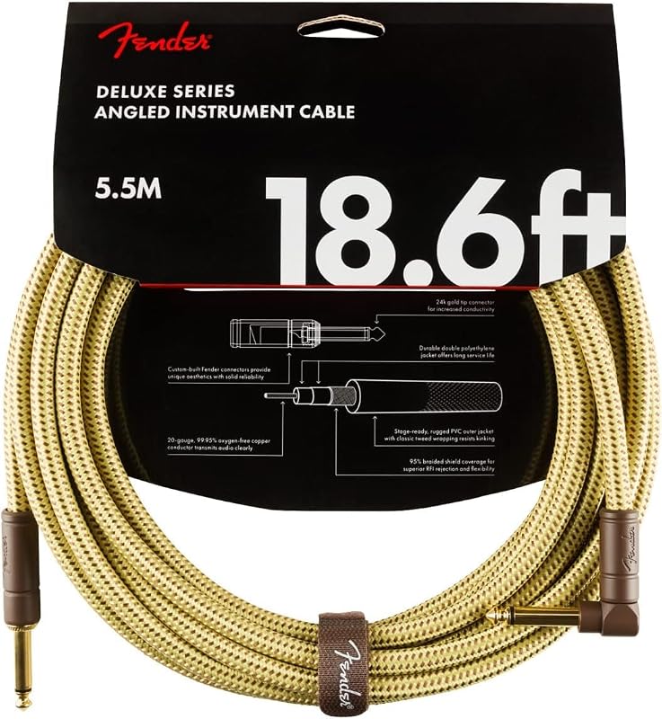 Deluxe Series Instrument Cable, Guitar Cable, Guitar Accessories, Straight/Angle, Tweed, 18.6ft | 99% oxygen-free copper, 24K gold-plated 1/4" jacks, low noise, live performance, studio, straight/angled