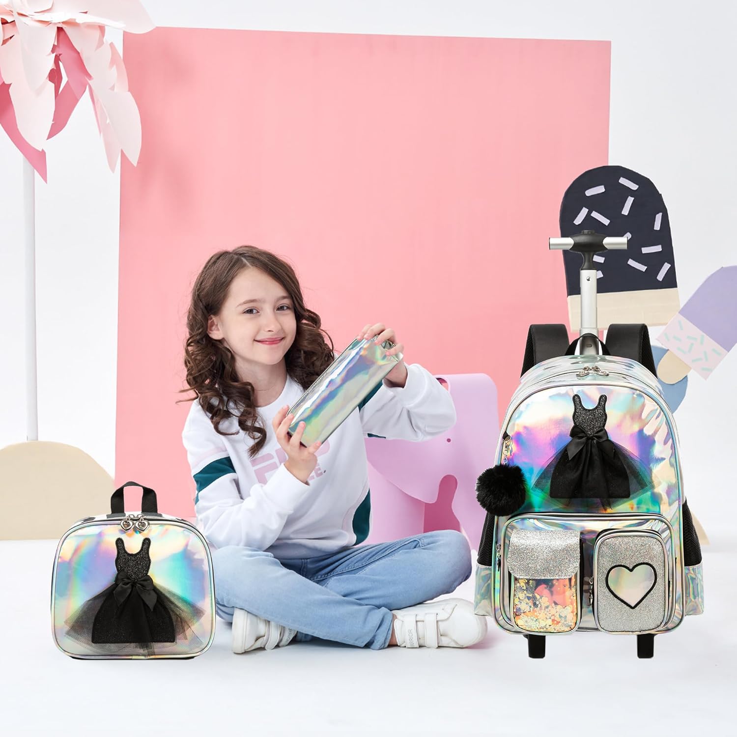 Meetbelify Rolling Backpack for Girls Backpack with Wheels for Elementary Student Kids Carry on Bag with Lunch Box Pencil Case for Girls Ages 6-8 Years Old