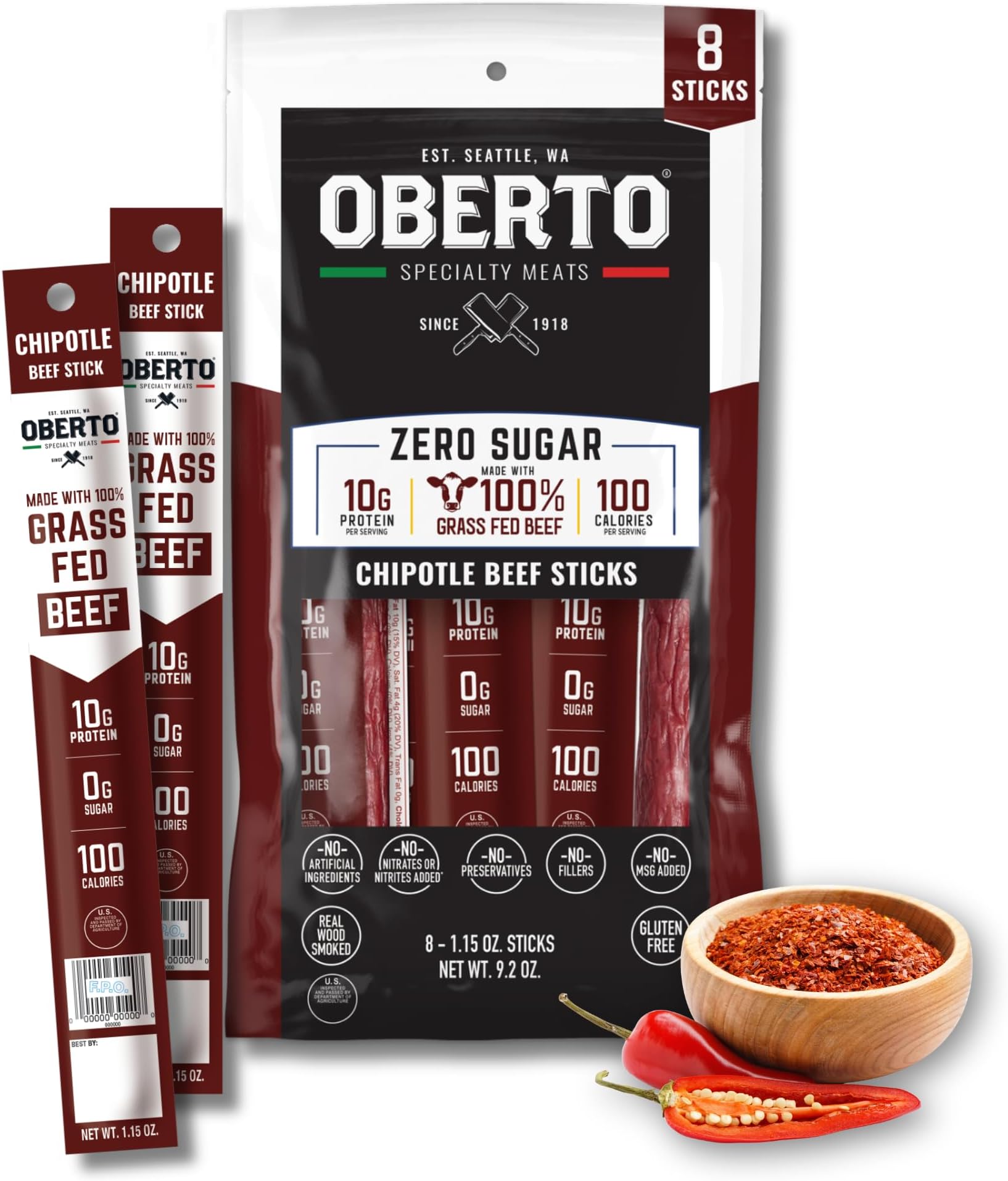 Oberto Grass Fed Beef Sticks - Chipotle, Zero Sugar, No Artificial Ingredients, High Protein, Gluten Free, Wood Smoked, Premium Grass Fed Meat Sticks, High Protein Snacks, 1.15 Ounce (Pack of 8)