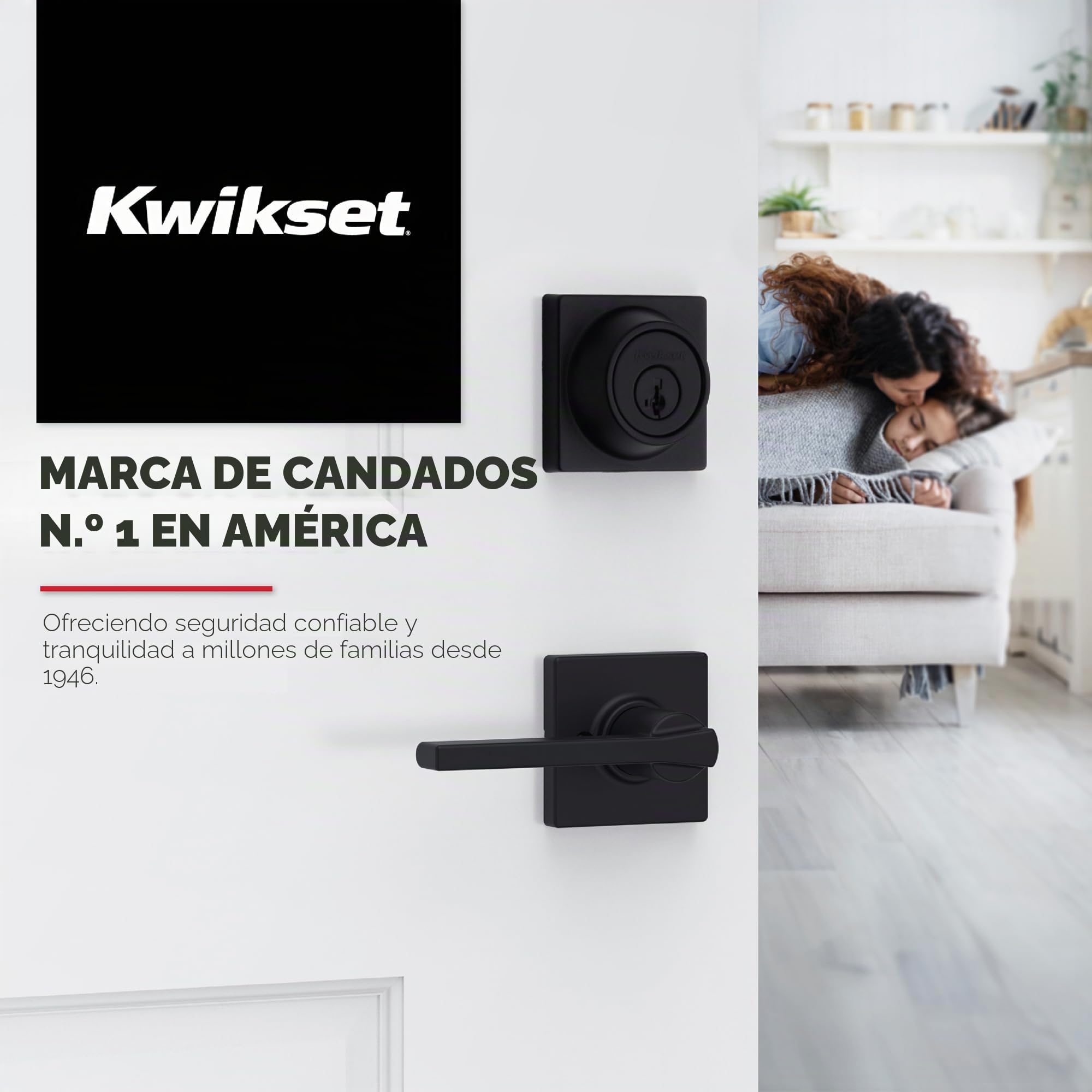 Kwikset Casey - Tirador de puerta interior con cerradura, palanca de puerta para baño y dormitorio, cerradura giratoria reversible sin llave, níquel satinado, con protección Microban