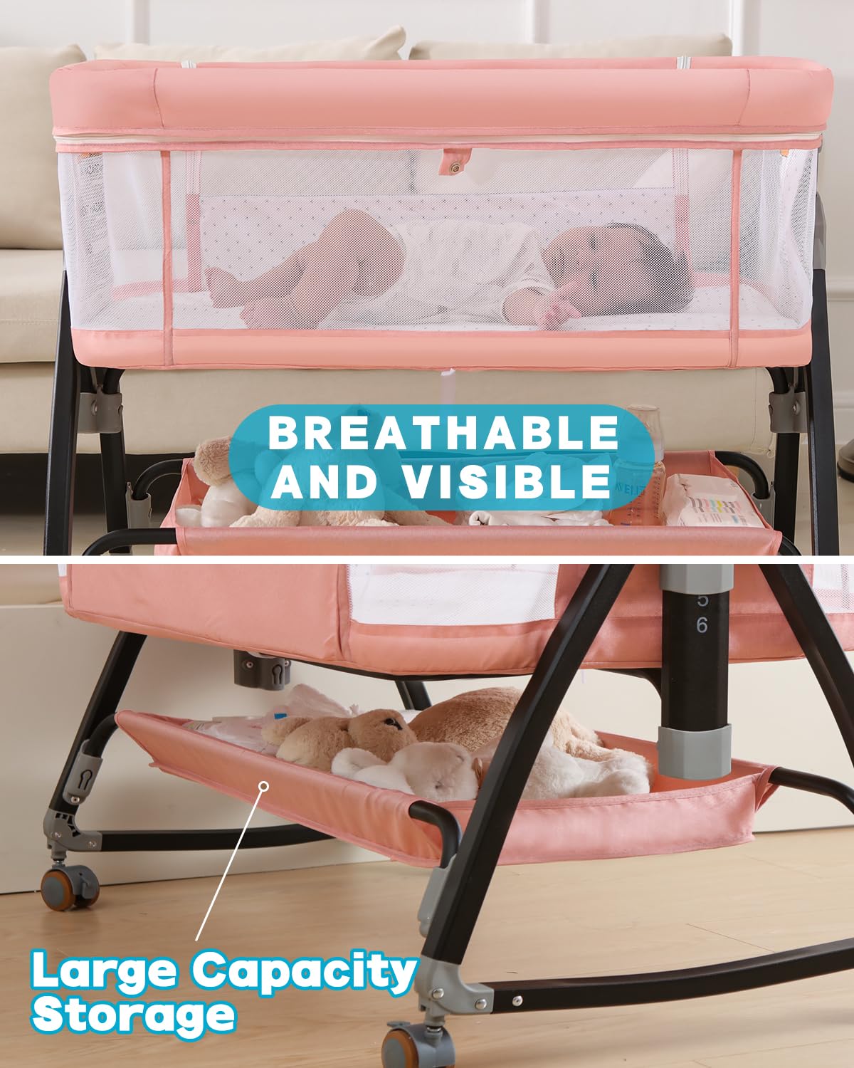 Bedside Bassinet for Baby, 3 in 1 Breathable Mesh Baby Bassinet, 6 Height Adjustable, Easy to Assemble, Bassinet Bedside Sleeper with Wheels, Mosquito Net, Storage Basket, Bassinets for Newborn Baby | Multi-functional — view 5