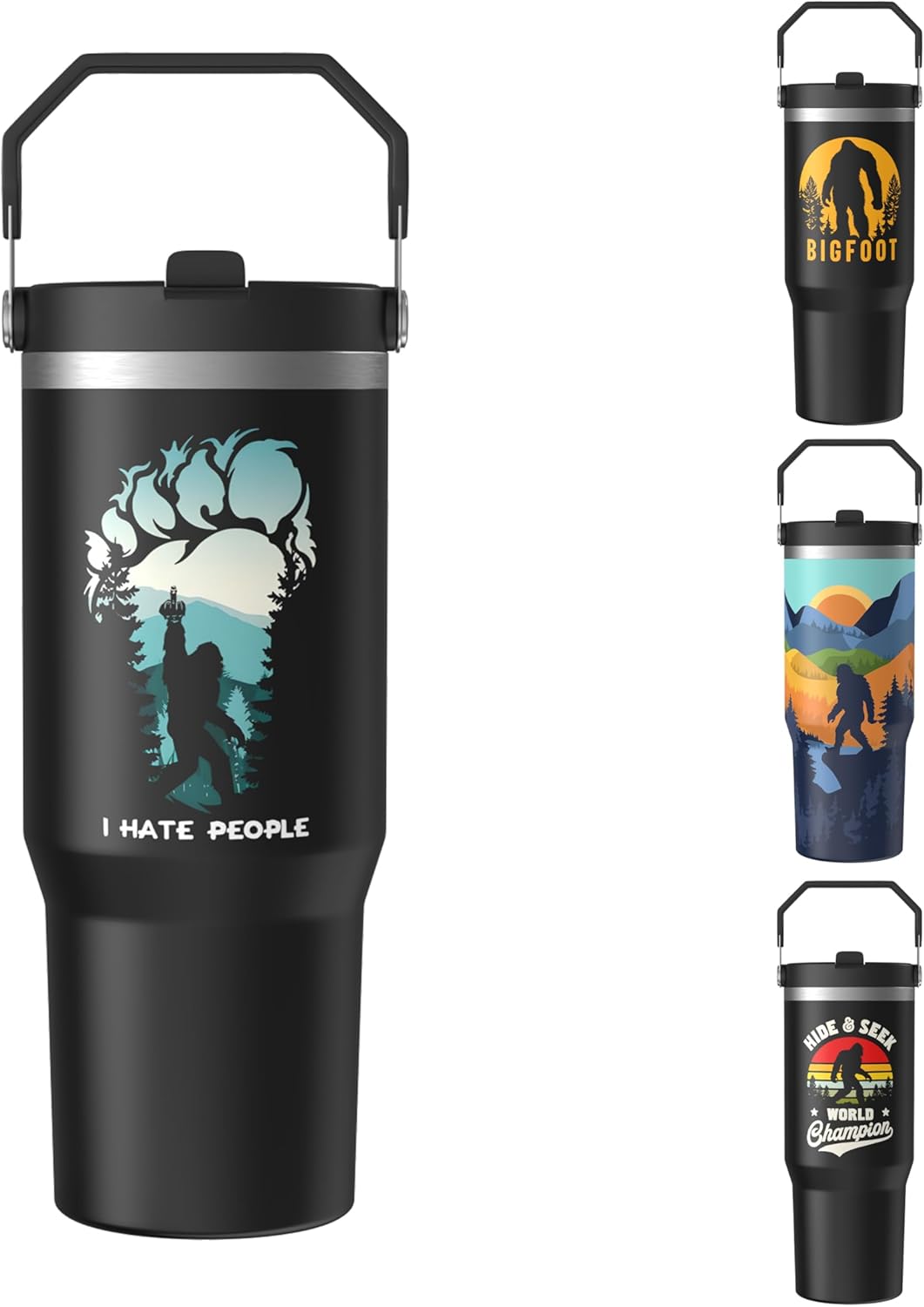 LLZTWOWD Sasquatch Tumbler with Handle Travel Mug Bigfoot Coffee Cup Big Foot Gifts for Men Women Funny Bigfoot Glass Mountain Print (Jungle, 30oz)