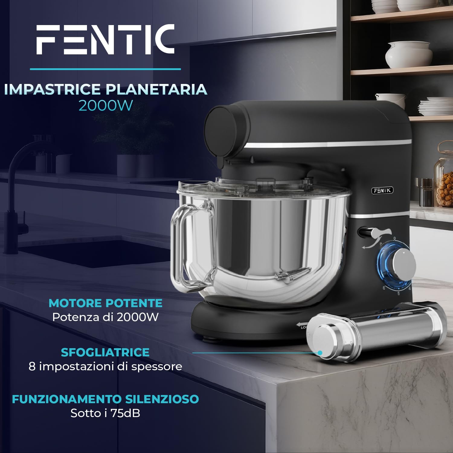 Impastatrice Planetaria con Macchina per la Pasta – 2000W – Robot da Cucina con Macchina per Pasta Fresca – Macchina Pasta - 6,2L Ciotola in Acciaio Inossidabile (Nero)