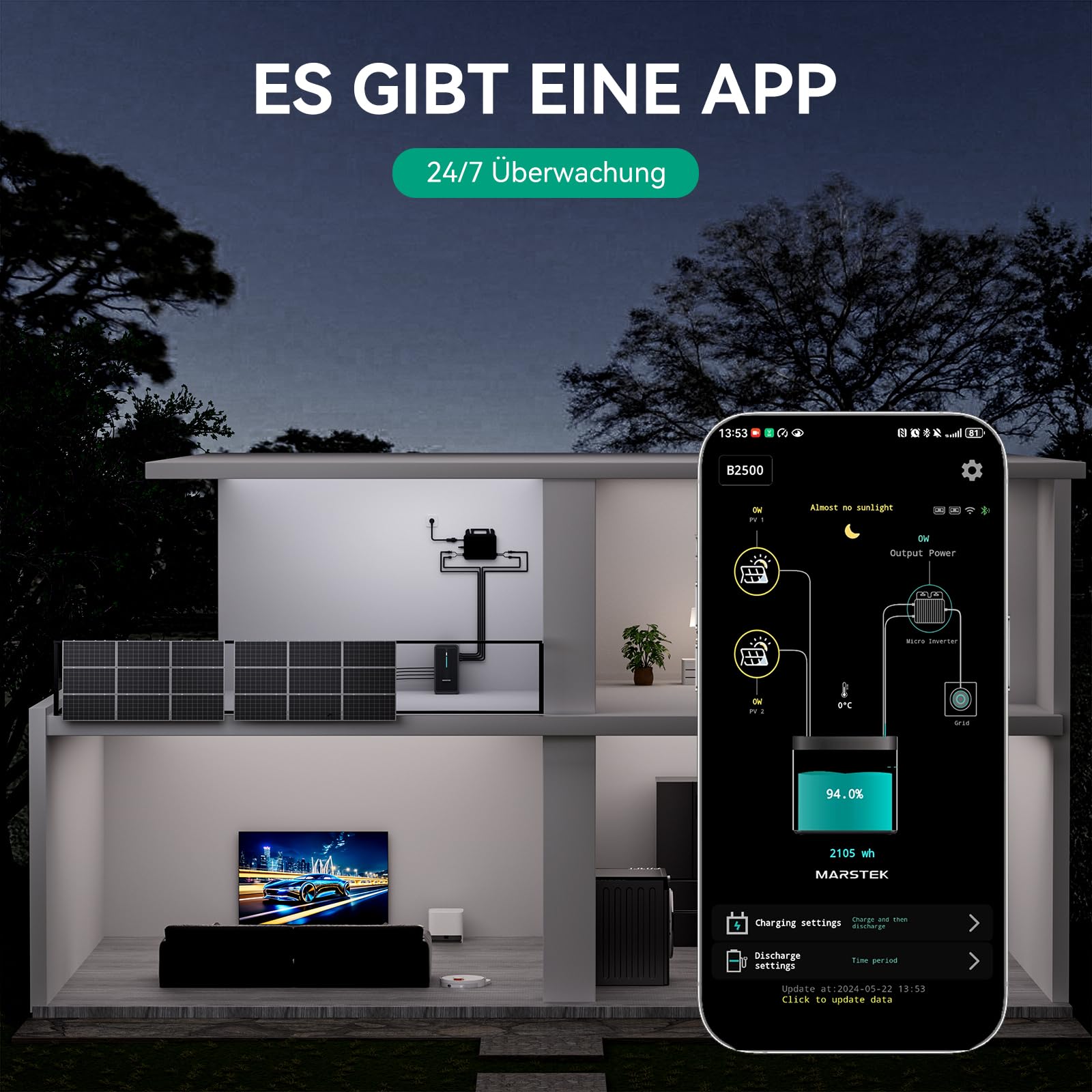 2025 Updated Balkonkraftwerk mit Speicher B2500 0% VAT, Marstek 2240Wh LiFePO4 Akku 6000 Ladezyklen, 1600W Max. 1600W PV-Eingang & 800W Ausgang Erweiterbar auf 8960Wh, IP65 wasserdicht & staubfest