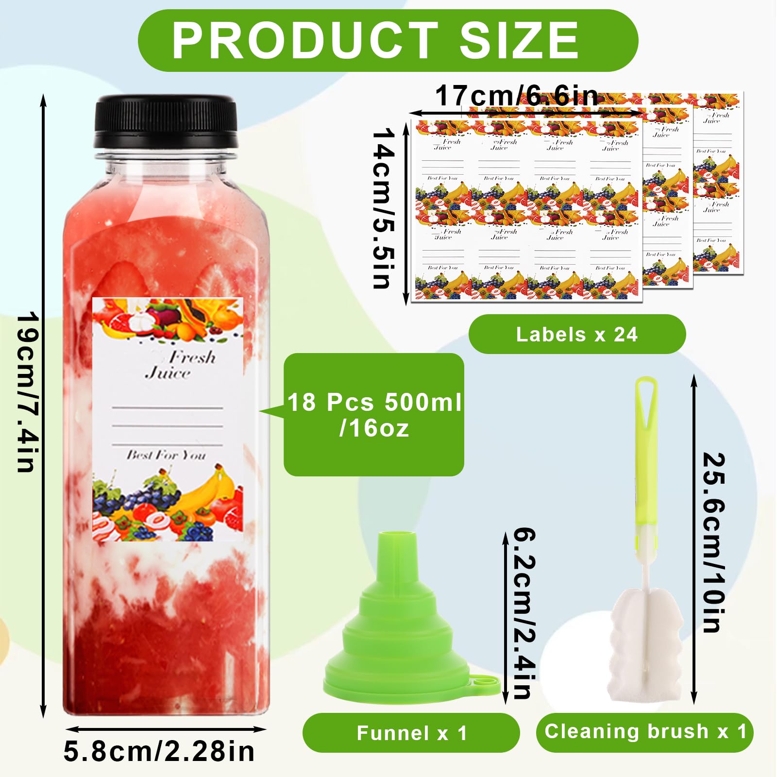 SHUESS Lot de 18 bouteilles en plastique transparent de 500 ml avec couvercles, smoothie avec couvercles hermétiques, entonnoir verseur et brosse – Bouteilles sensorielles réutilisables avec