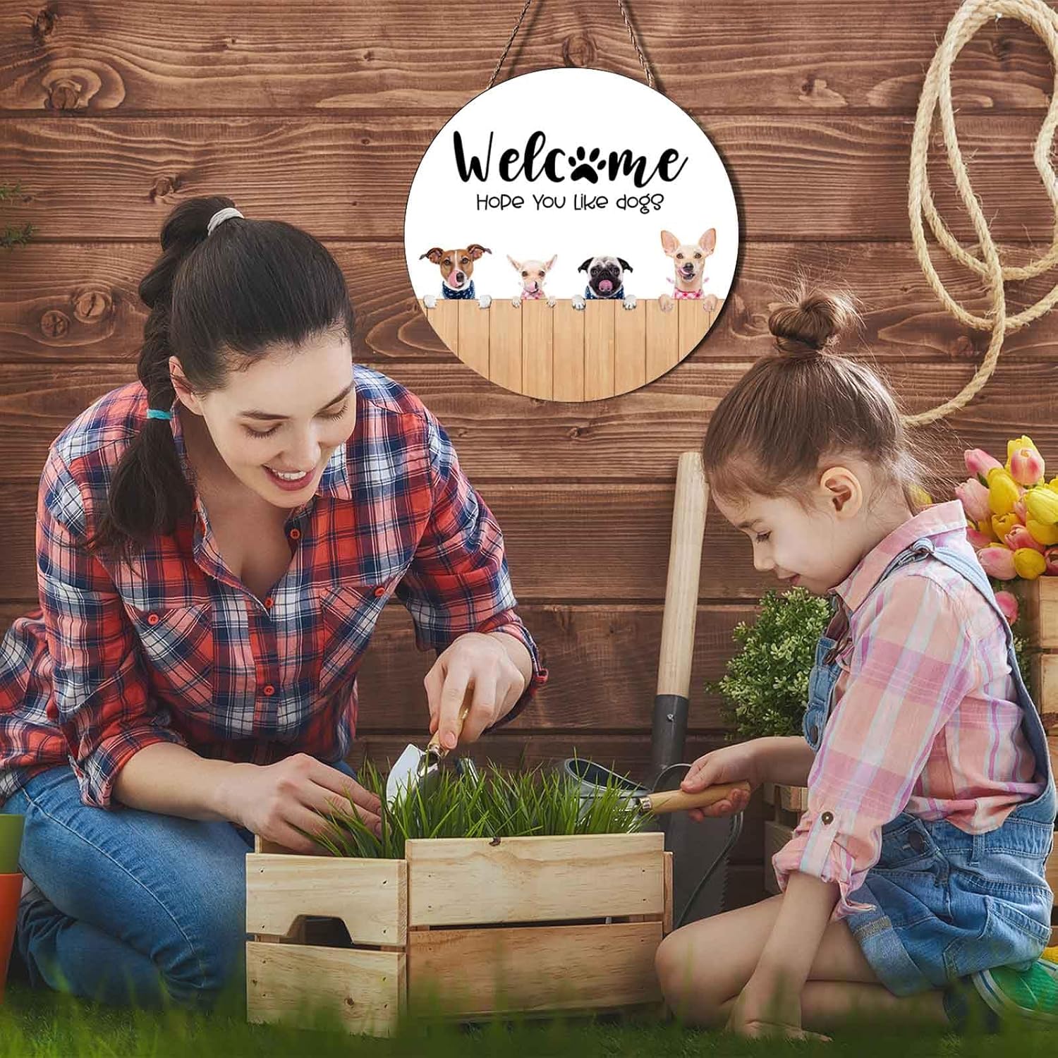 Dog Decor Wreaths For Front Door Welcome Sign, Welcome Hope You Like Dogs Wooden Signs Funny Puppy Dogs Welcome Wreath Hanger Pool Porch Home Kitchen Coffee Wall Decorations - Image 2