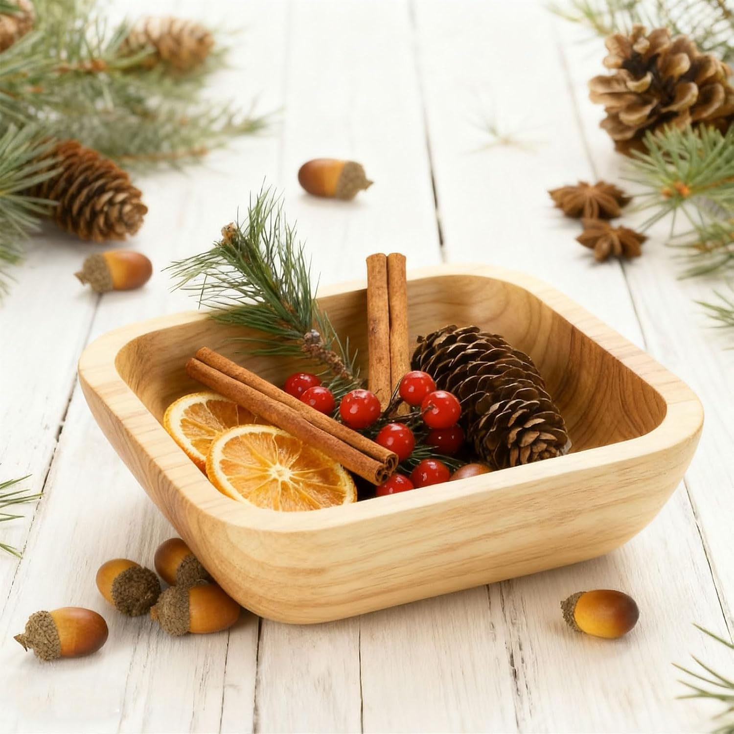 Wood Fruit Bowl, 8.3“ Hand-Finished Square Decorative Fruits Salad Snacks Desserts Bread Serving Bowl, Table Centrepiece Decoration for Home Kitchen (8.3 inch)