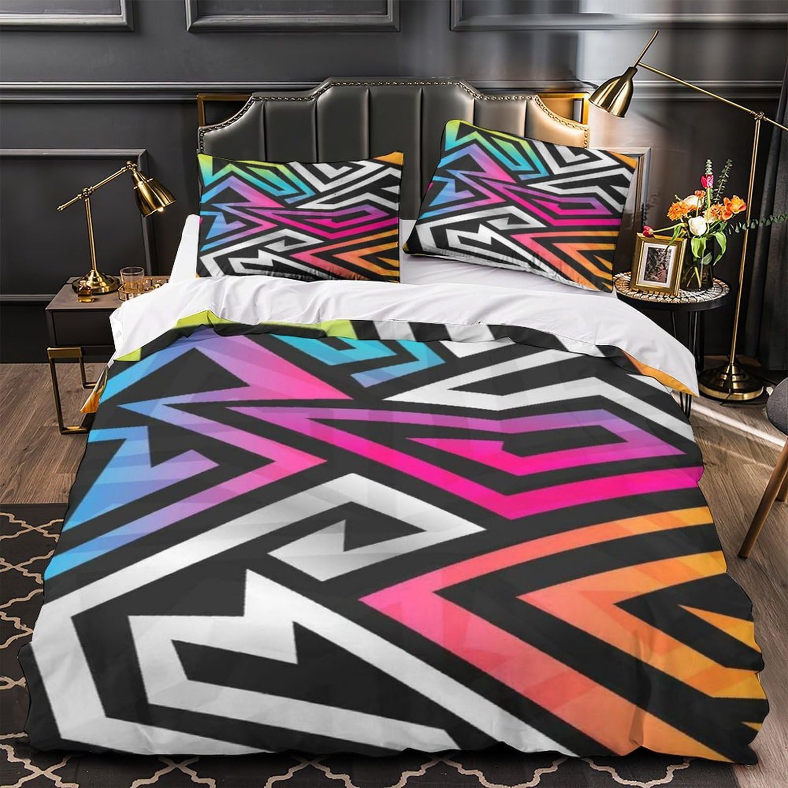 Housse de couette 260x220 géométrie 3D en microfibre avec 2 taies