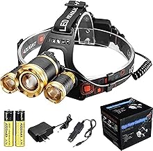 مصابيح LED زووم لخوذات الرأس، مصابيح يدوية امامية، بتصميم قوة تكبير 3 اكس ام ال تي 6 لومن عالي، تتضمن العبوة 2 × بطارية 18650