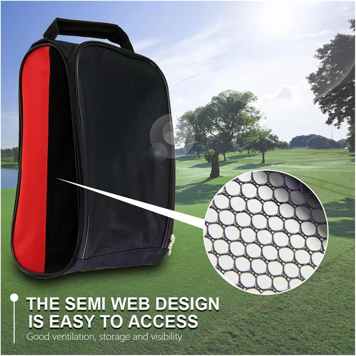 Unisex Mesh Golf Shoe Bag Hand Held Breathable Sports Accessory | Portable mesh shoe holder with double zipper, ultra-light design for golf, baseball, basketball & travel.