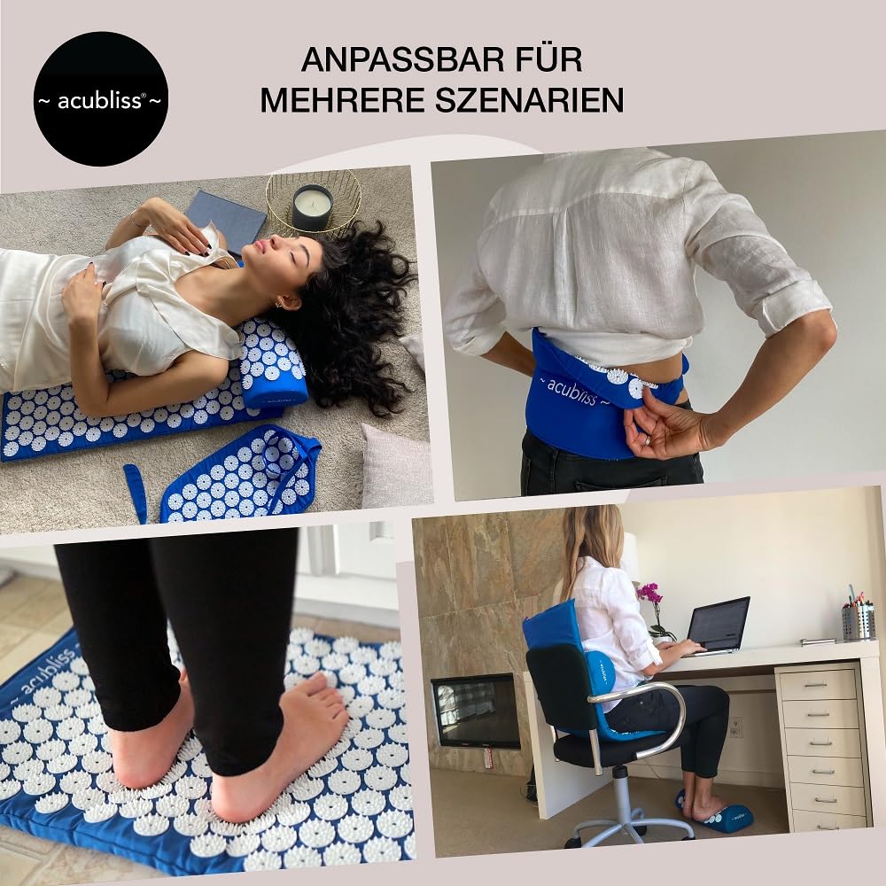 Akupressurmatte und -kissen – Akupressur Set mit Gurt – Gegen Nacken- und Rückenschmerzen – Akupressurmatte mit Kissen und Gurt für Mehr Energie und Entspannung – Mit Beutel – Deep Blue