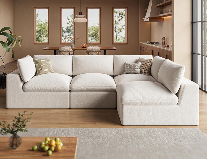 120" Cloud Sectional Couches for Living Room | Oversized Boneless Modular Sofa with 4 Seat L-Shaped Design | Deep Seat Chenille Couch | Ivory White image 3