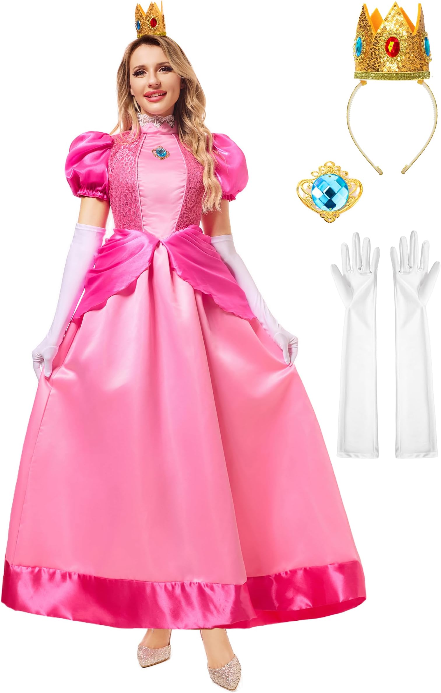 Funna Pink Princess Costume Adult Women Dresses Halloween Cosplay Costume with Crown Gloves