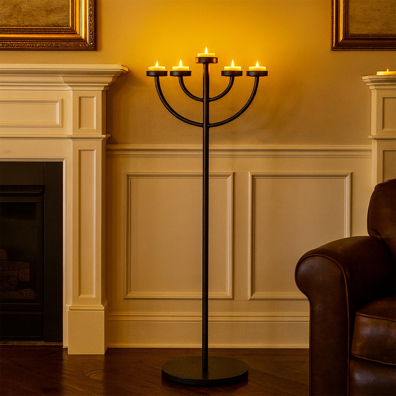 Portavelas de metal negro de 5 brazos, moderno candelabro de pie para decoración del hogar, vacaciones y eventos