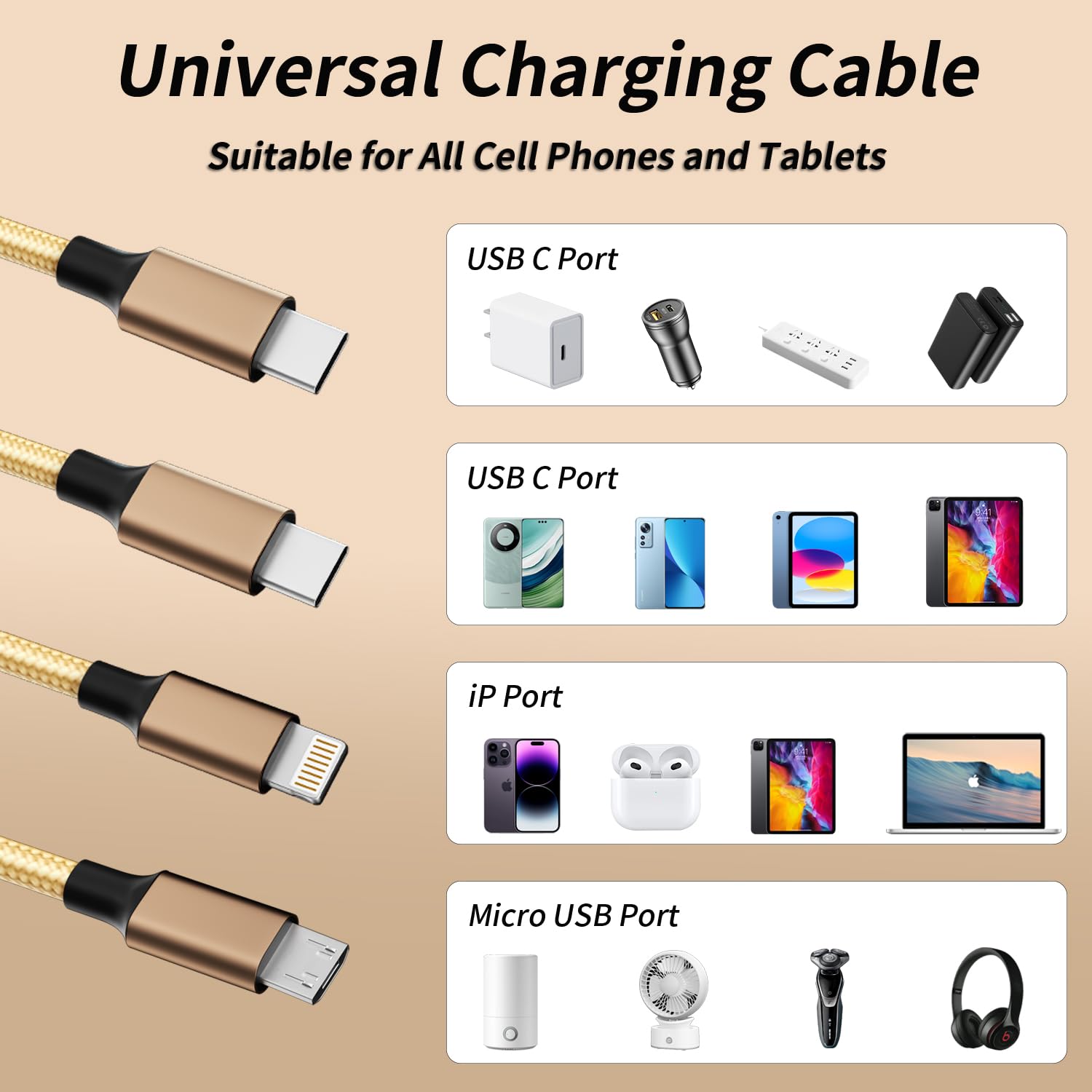 IDISON USB-C-Multi-Ladekabel, 3-in-1-Ladekabel, Nylon, geflochten, mehrere USBC-Kabel, Universal-Ladekabel mit Typ-C, Micro-USB- und IP-Port für Handys und mehr, 2 Stück, 1,2 m, goldfarben