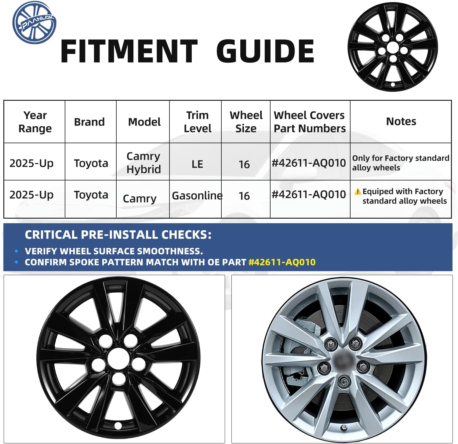 16 Inch ABS Wheel Skins for 2025-2026 Toyota Camry Hybrid LE & Gas LE, Fits OEM Alloy Wheel #42611-AQ010, Gloss Black Snap-On Wheel Covers 4-Pack