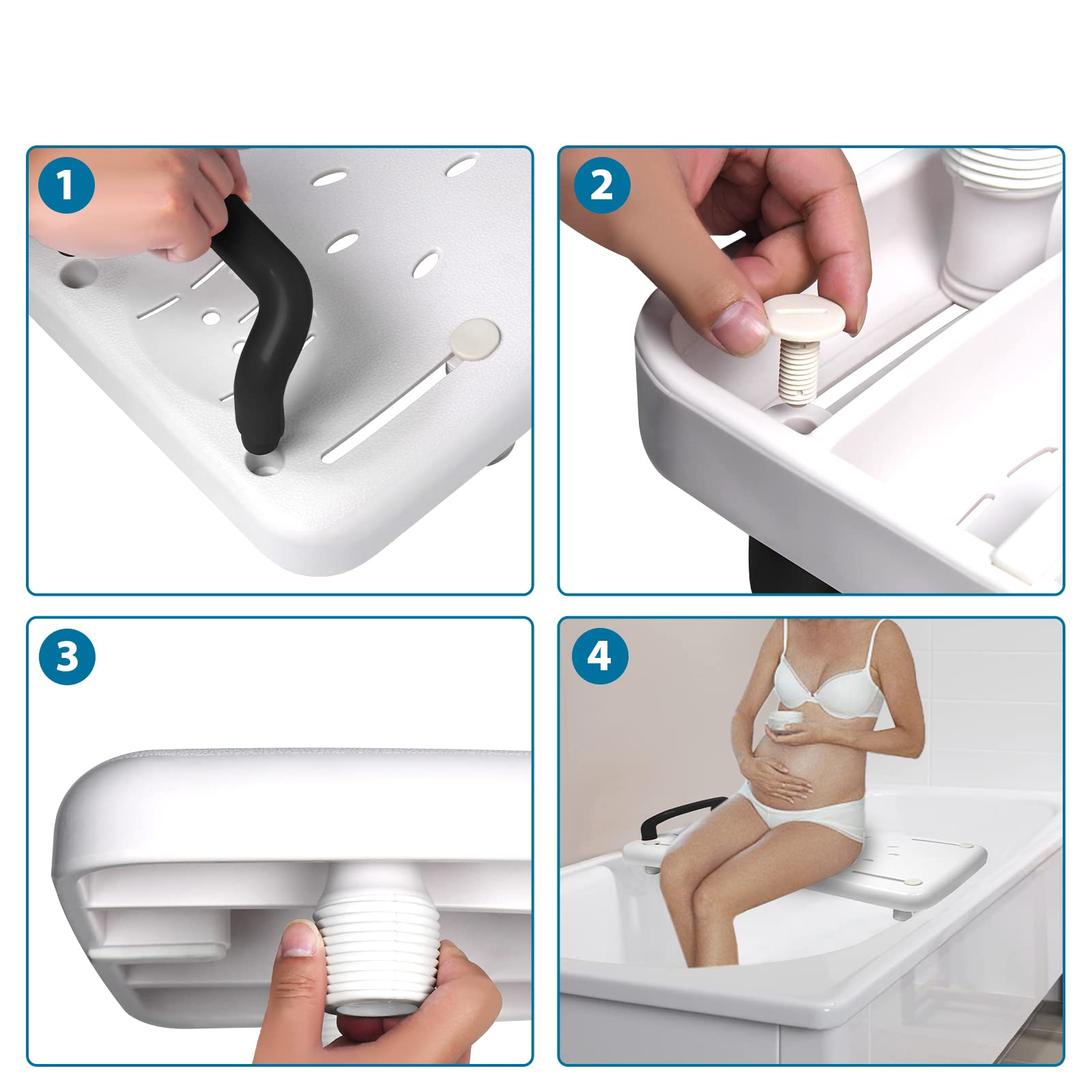 Siège de bain pour personnes âgées, planche de bain pour s'asseoir, 70 x 31 cm, réglable de 41 à 63 cm, pour baignoire, planche blanche, plastique PP, poignée noire, poignée jusqu'à 150