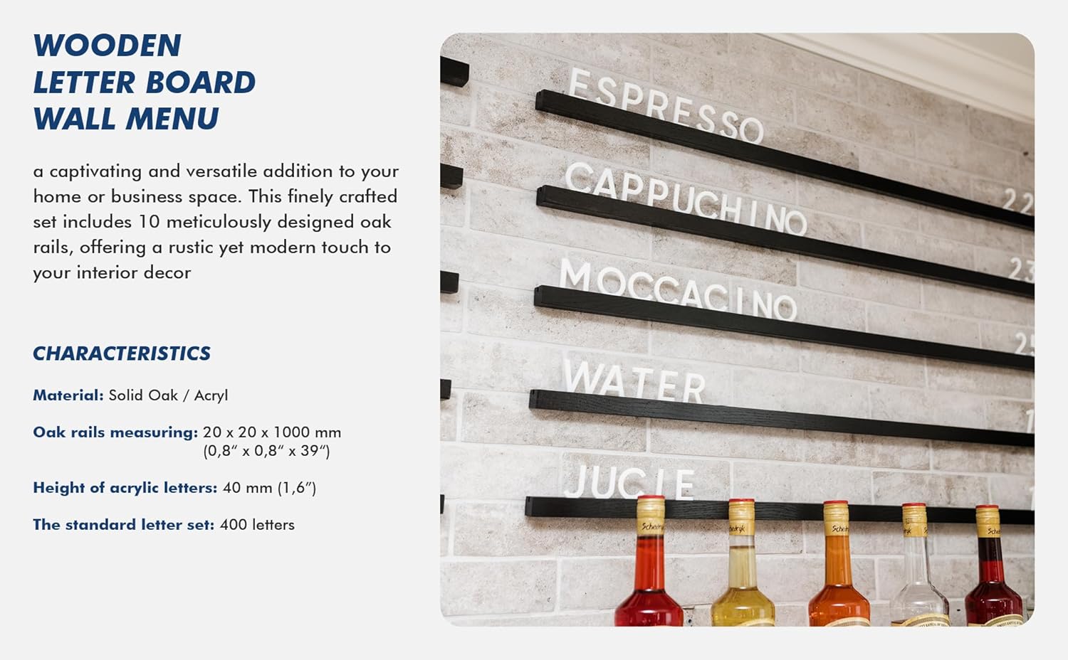 Inko Horeca - Black Wall Menu Board - Set of 10 Regular Rails - Changeable Letter Board - Letter Shelf Menu - Letter Display Wall Ledge Shelf - 400 Letter set (White Letters)