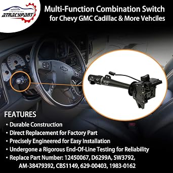 Multifunction Turn Signal Switch,Combination Lever Switch w/Wiper & Headlight Dimmer Control,Fits 2003-2007 Chevy Silverado Tahoe Suburban Avalanche, GMC Sierra Yukon Envoy Buick,Replaces# 12450067