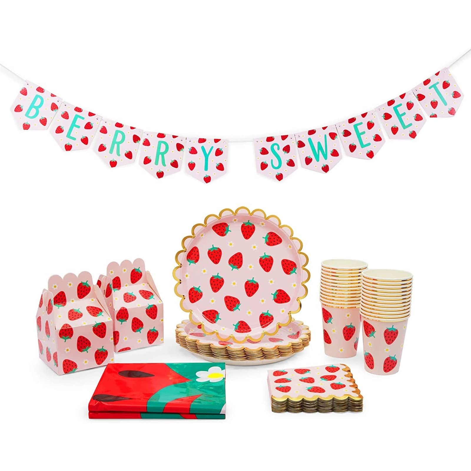 87 Piece Berry Sweet Strawberry Party Themed Decorations, Dinnerware, Treat Boxes & Plates for Girls Birthday (Serves 24).