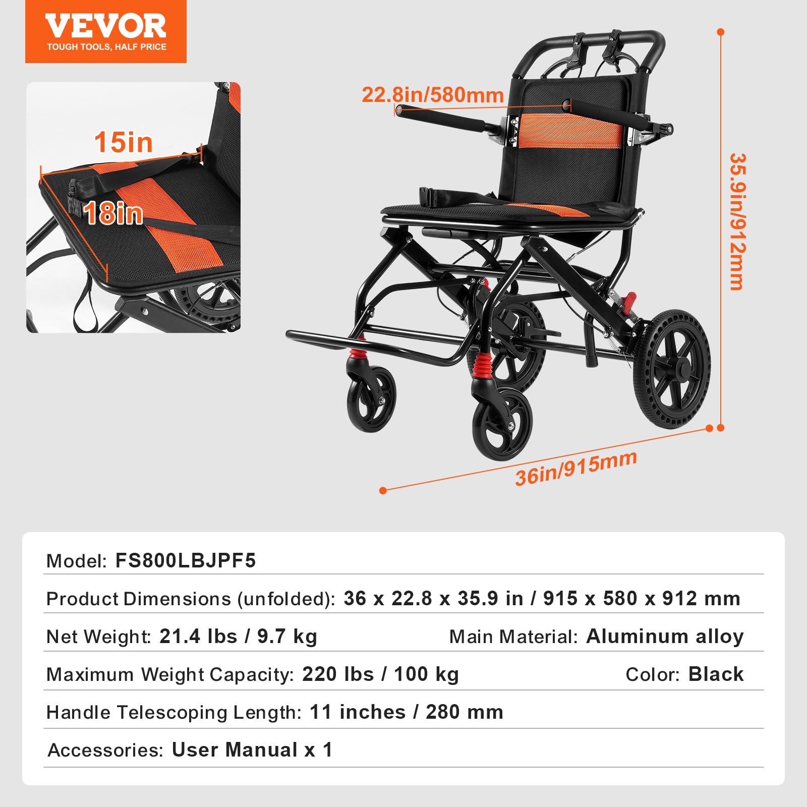 VEVOR Silla de Ruedas Plegable de Transporte Ultraligera de Aleación de Aluminio para Adultos, con Brazos Abatibles hasta el Largo del Escritorio, Freno Autoblocante, Carga 100 kg, 915 x 580 x 912 mm