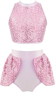 inhzoy Conjunto de Ropa de Danza de Baile para Niñas Traje de Actuación de Lentejuelas Brillantes Top Corto sin Mangas con Falda de Moda